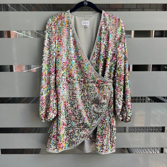 Saylor Val Multicolor Sequin Wrap Mini Dress Size XS - Picture 2 of 6
